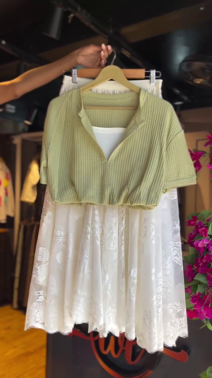 💚 Chic Layered Lace Dress with Soft Knit Crop Top – Elegant Casual Summer Outfit | Feminine Layered Style | Multiple Colors & Designs | Sizes XXS–XXL ✨