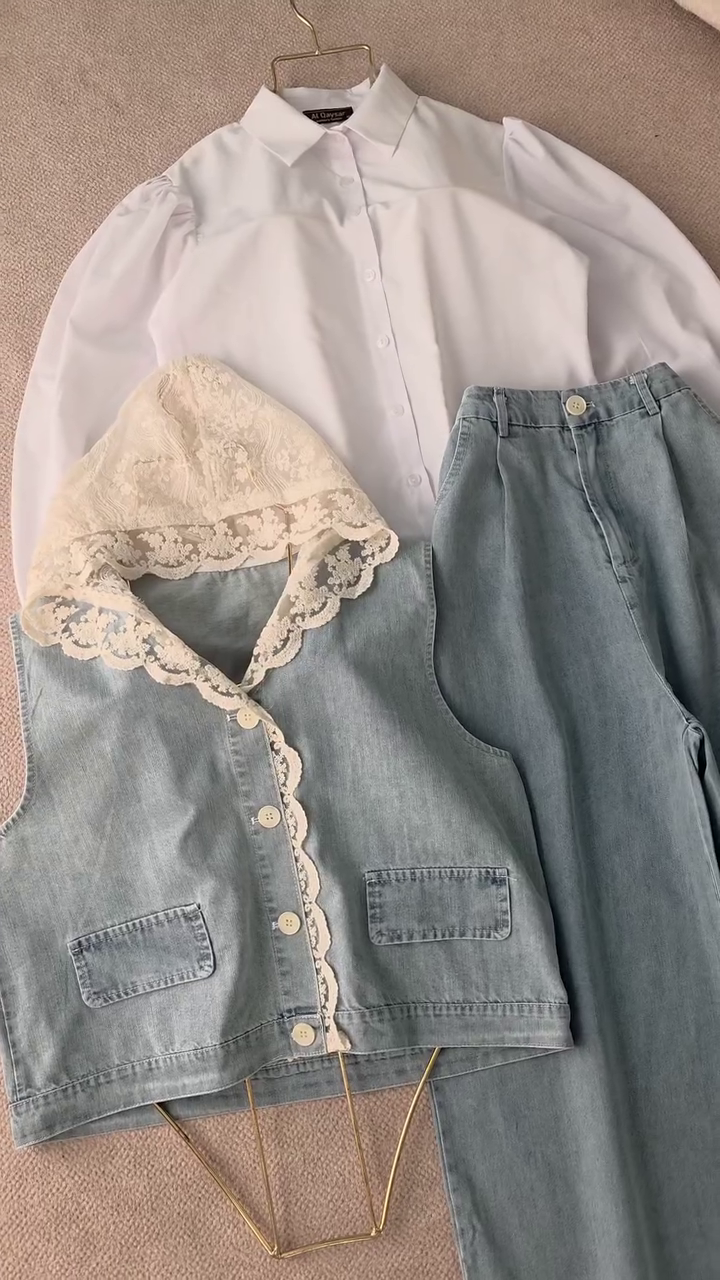 🤍 Elegant Puff Sleeve Shirt & Lace Hem Denim Pants Set – Chic Modest Casual Outfit | Trendy Everyday Style | Multiple Colors & Designs | Sizes XXS–XXL ✨