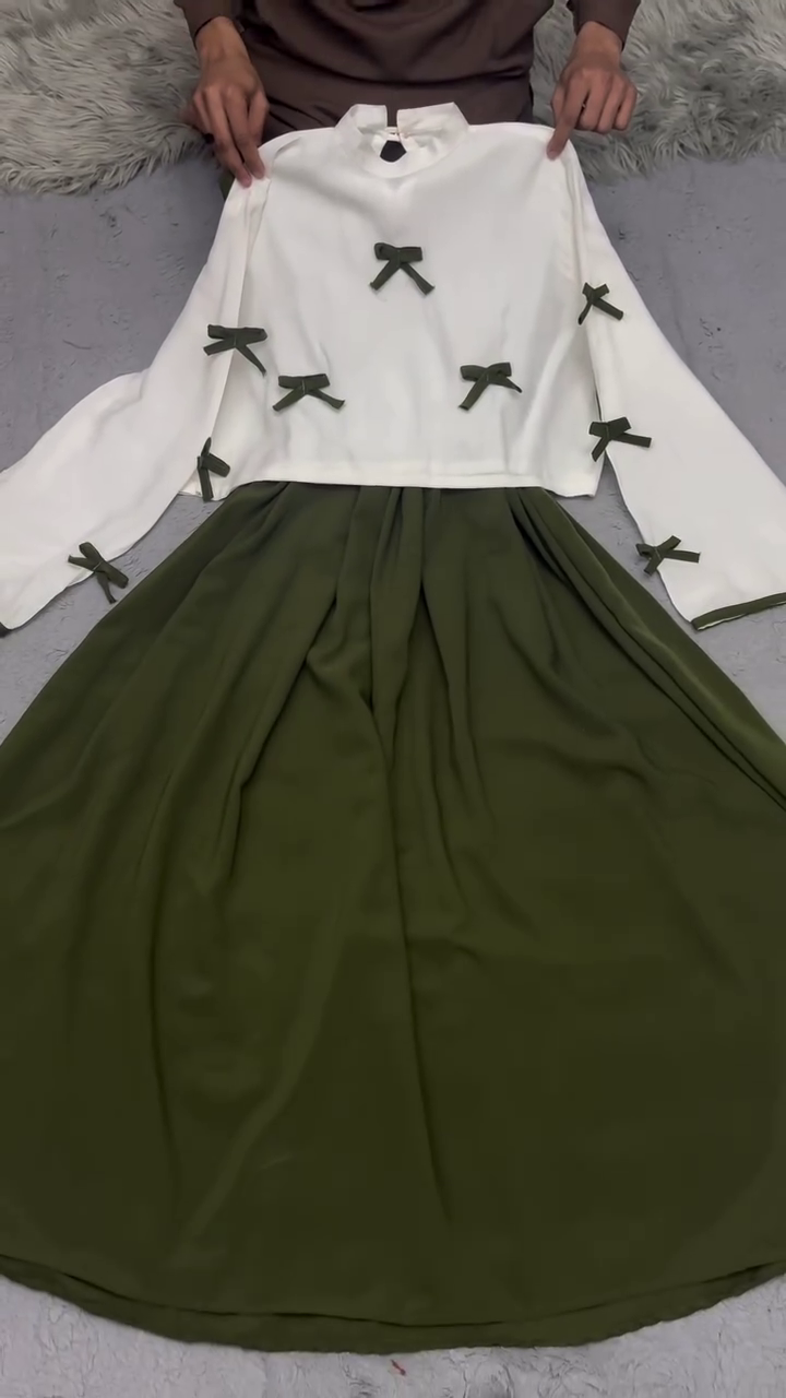 🌿 Elegant Bow Detail Modest Two-Piece Set – Chic Long Sleeve Top & Flowing Maxi Skirt | Feminine Korean Style Outfit | Multiple Colors & Designs | Sizes XXS–XXL ✨