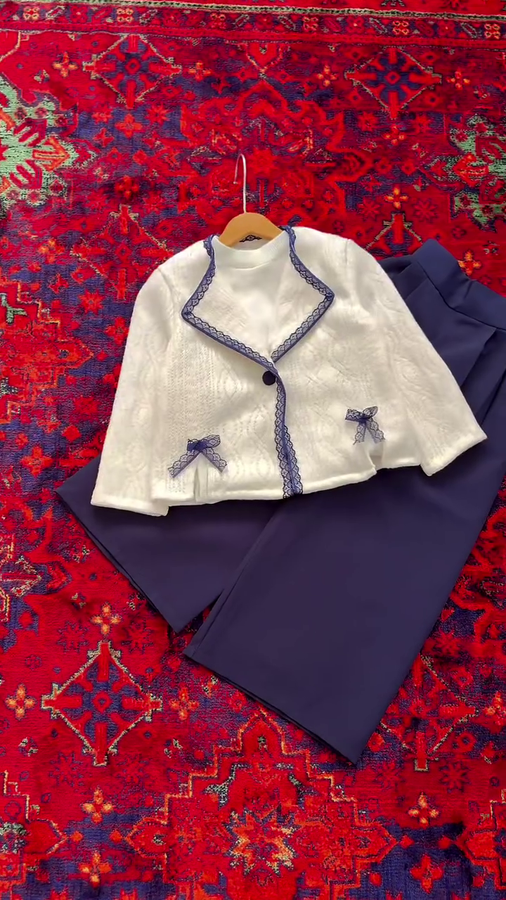 💙 Elegant Lace Trim Cropped Jacket & Wide-Leg Trousers Set – Chic Vintage Korean Style Outfit | Feminine Bow Detail Co-Ord Set | Multiple Colors & Designs | Sizes XXS–XXL ✨