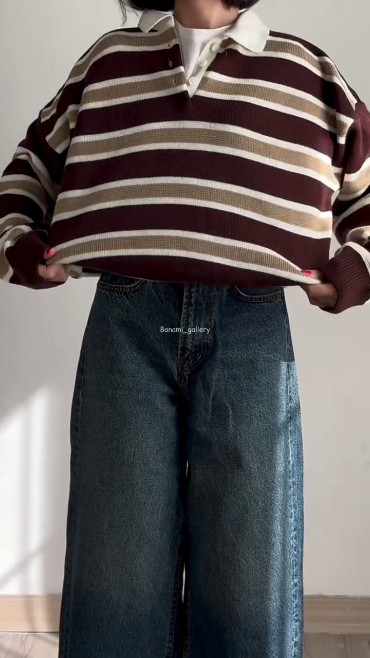 🍂 Vintage Striped Knit Polo Sweater – Relaxed Oversized Casual Pullover | Classic Korean Street Style Top | Multiple Colors & Designs | Sizes XXS–XXL ✨