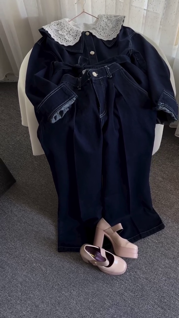 🖤 Vintage Lace Collar Denim Two-Piece Set – Elegant Button Shirt & High-Waist Wide-Leg Jeans | Korean Chic Casual Outfit | Multiple Colors & Designs | Sizes XXS–XXL ✨