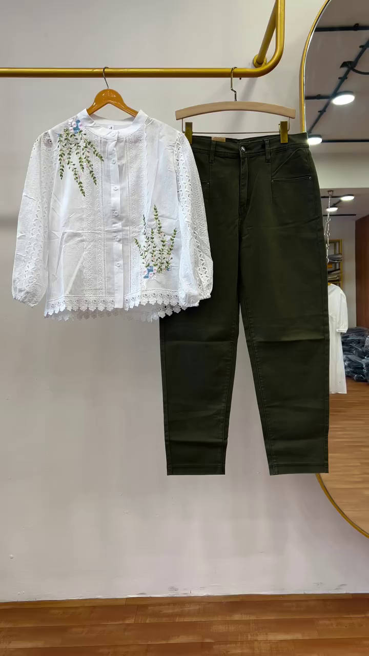 🌿 Elegant Floral Embroidered Blouse & Olive Slim Pants Set – Chic Casual Two-Piece Outfit | Feminine Lace Top Co-Ord | Multiple Colors & Designs | Sizes XXS–XXL ✨