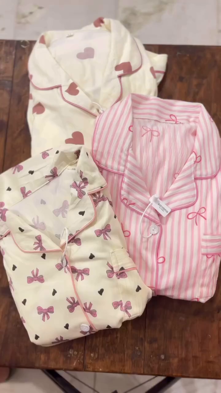 💗 Sweet Dreams Printed Pajama Set – Cute Heart & Bow Sleepwear | Soft Button-Up Night Suit | Multiple Designs & Colors | Sizes XXS–XXL ✨