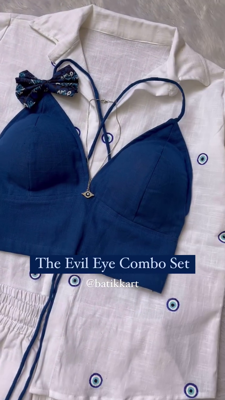 🧿 Evil Eye Summer Co-Ord Set – Chic Blue Bralette & Embroidered Shirt Outfit | Stylish Resort Wear | Multiple Colors & Designs | Sizes XXS–XXL ✨