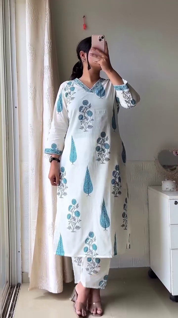🌿 Elegant Floral Printed Kurta Set – White & Teal Ethnic Co-Ord Outfit | Comfortable Daily Wear | Multiple Colors & Designs | Sizes XXS–XXL ✨