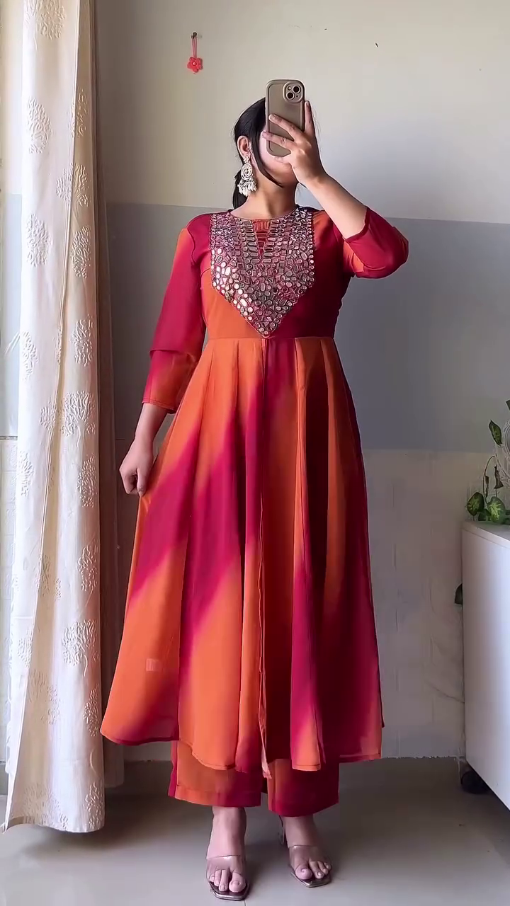 ✨ Sunset Ombre Anarkali Kurta Set – Elegant Mirror Work Ethnic Dress | Festive Party Wear | Multiple Colors & Designs | Sizes XXS–XXL 🌸