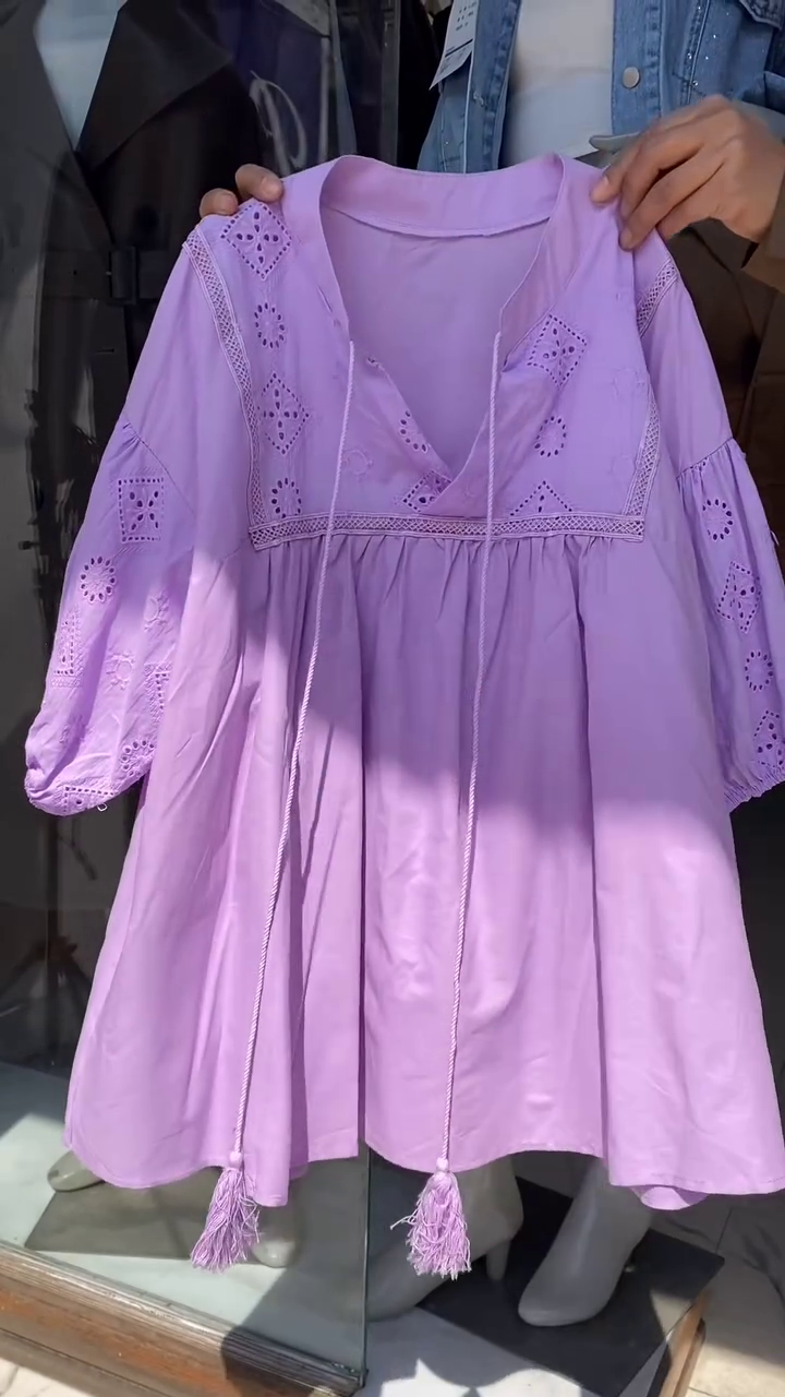 💜 Lavender Boho Embroidered Babydoll Top – Elegant Eyelet Cotton Tunic | Tassel Tie Summer Blouse | Multiple Designs & Colors | Sizes XXS–XXL ✨