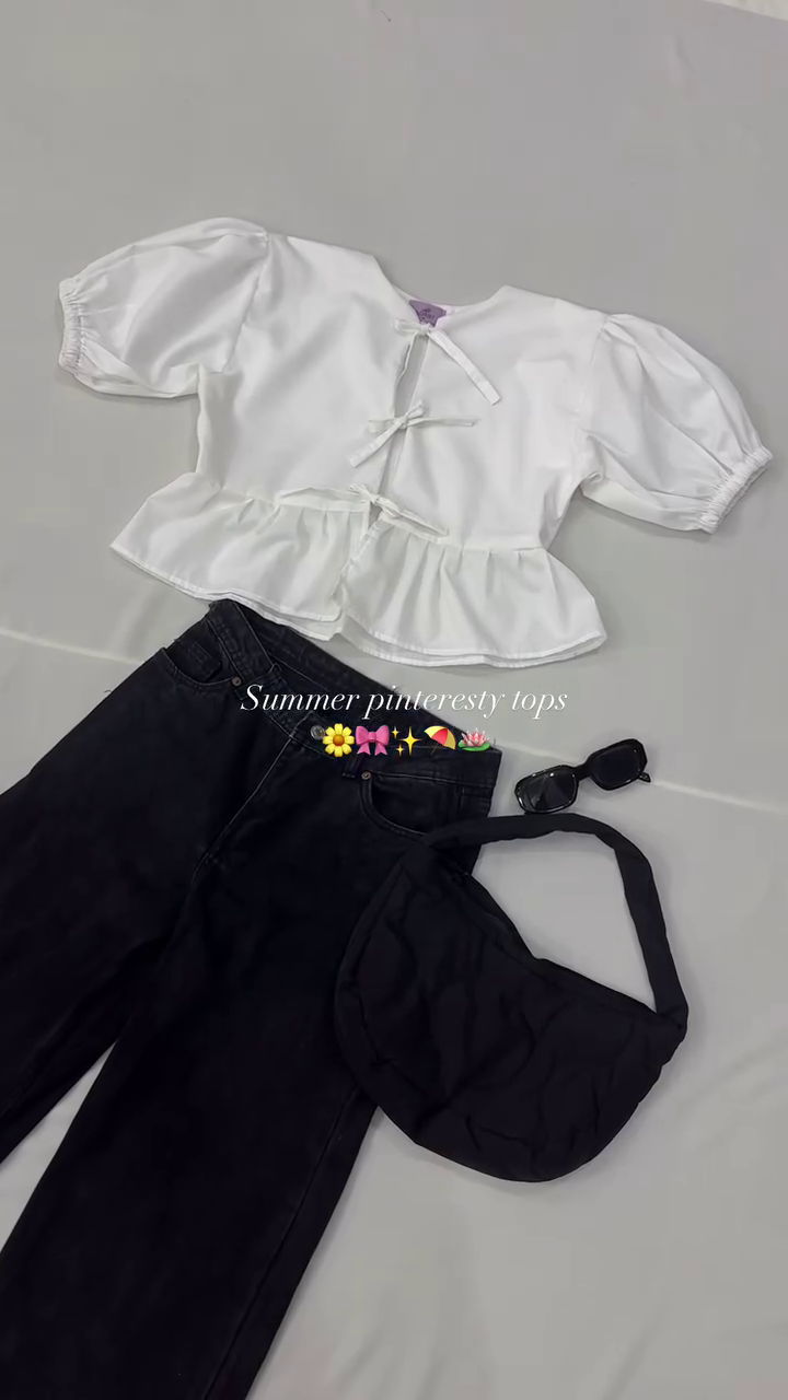 🤍 Pinterest Aesthetic Bow Peplum Top – Cute Puff Sleeve Summer Blouse | Elegant Minimal Casual Top | Multiple Designs & Colors | Sizes XXS–XXL ✨