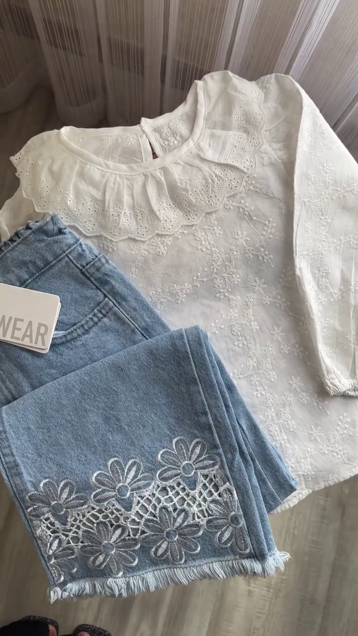 Soft Blossom Denim Set 🌼 | Embroidered Jeans & Elegant Lace Top Combo
