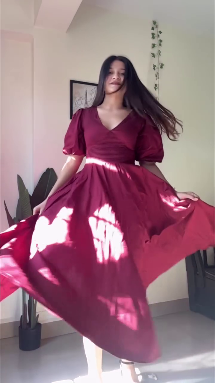 Crimson Grace Flowy Maxi Dress ✨ | Elegant Puff Sleeve V-Neck Dress