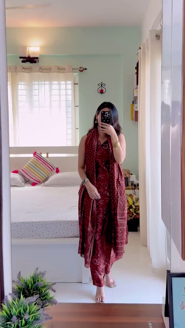 Rustic Ruby Ethnic Co-Ord Set 🌿 | Printed Kurta, Pants & Dupatta Set