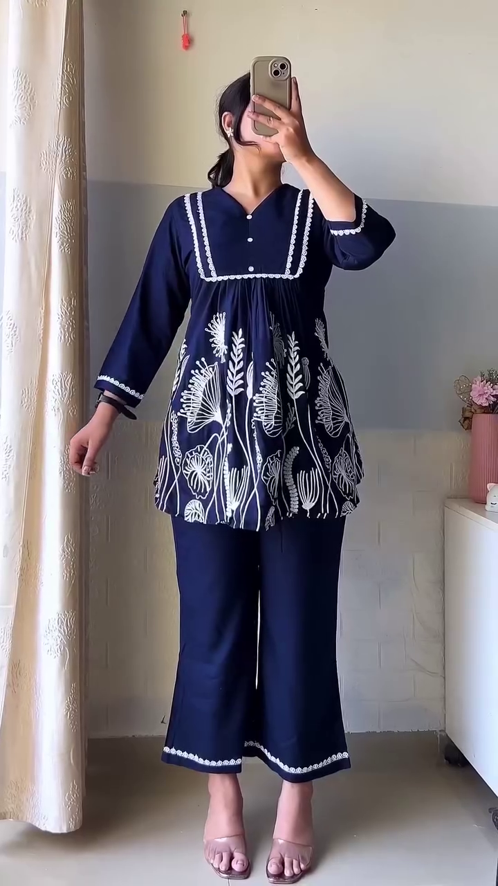 Midnight Bloom Co-Ord Set ✨ | Elegant Embroidered Kurti & Palazzo Set