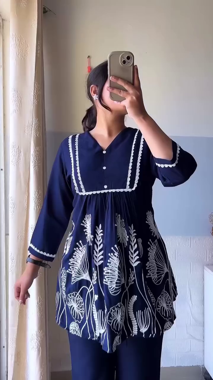 Midnight Bloom Co-Ord Set ✨ | Elegant Embroidered Kurti & Palazzo Set