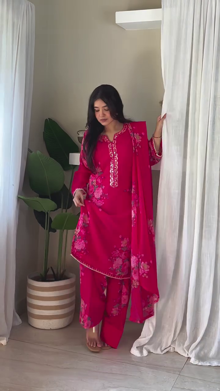 Crimson Bloom Embroidered Suit Set ✨ | Elegant Floral Festive Co-ord with Dupatta