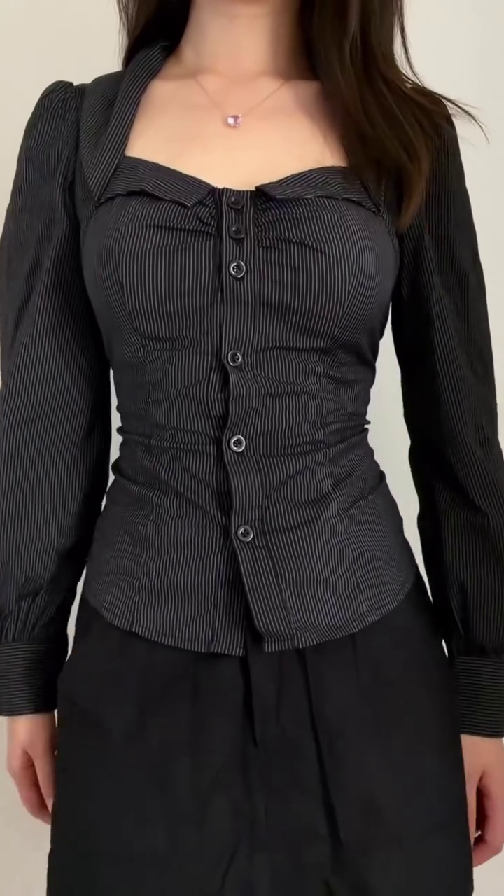 Midnight Pinstripe Corset Shirt 🖤✨ | Structured Chic Button-Down Statement Top