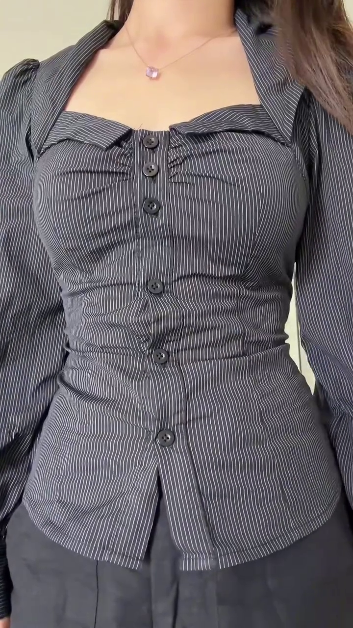 Midnight Pinstripe Corset Shirt 🖤✨ | Structured Chic Button-Down Statement Top