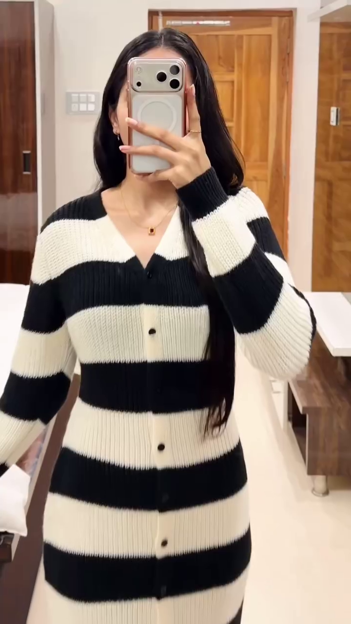 Monochrome Muse Knit Dress 🖤🤍✨ | Striped Button-Down Bodycon Midi