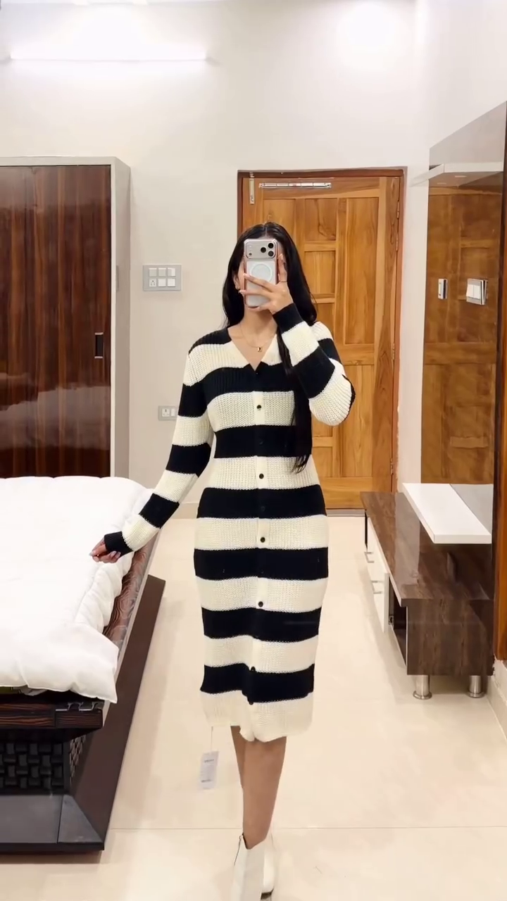 Monochrome Muse Knit Dress 🖤🤍✨ | Striped Button-Down Bodycon Midi