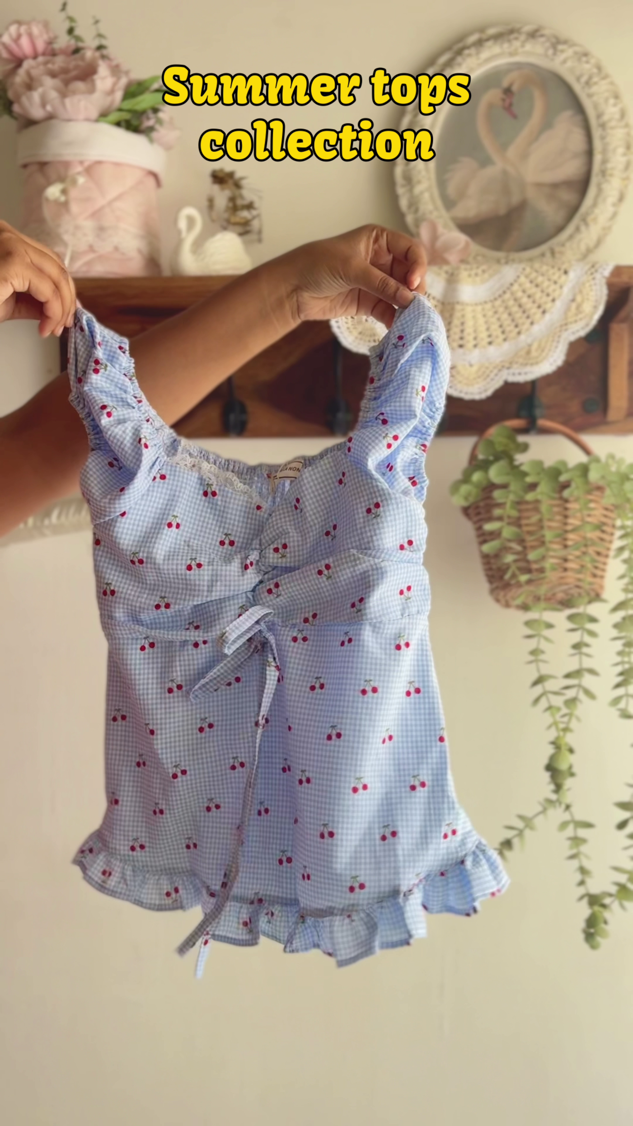 Cherry Breeze Summer Top 🍒💙✨ | Cute Ruffle Strap Tie-Up Camisole