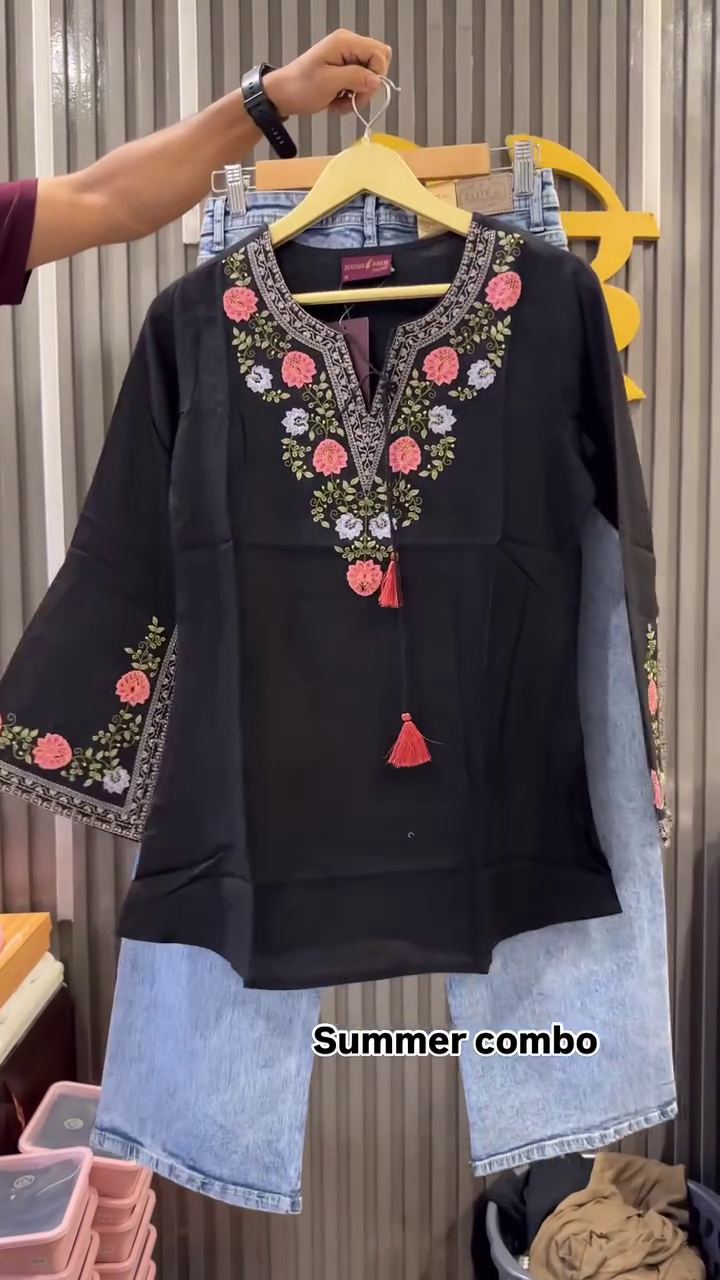 Midnight Bloom Summer Combo 🖤🌸 | Embroidered Kurti with Denim Set