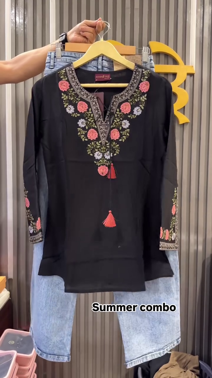 Midnight Bloom Summer Combo 🖤🌸 | Embroidered Kurti with Denim Set