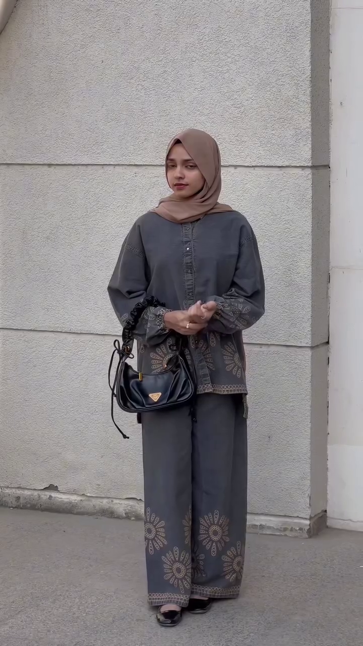 “Charcoal Bloom Coord Set 🩶🌼 | Elegant Modest Everyday Wear”