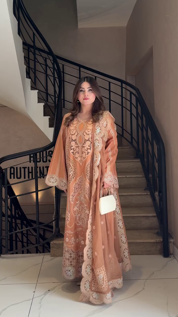 “Peach Royale Embroidered Set ✨🤎 | Luxe Festive Elegance”