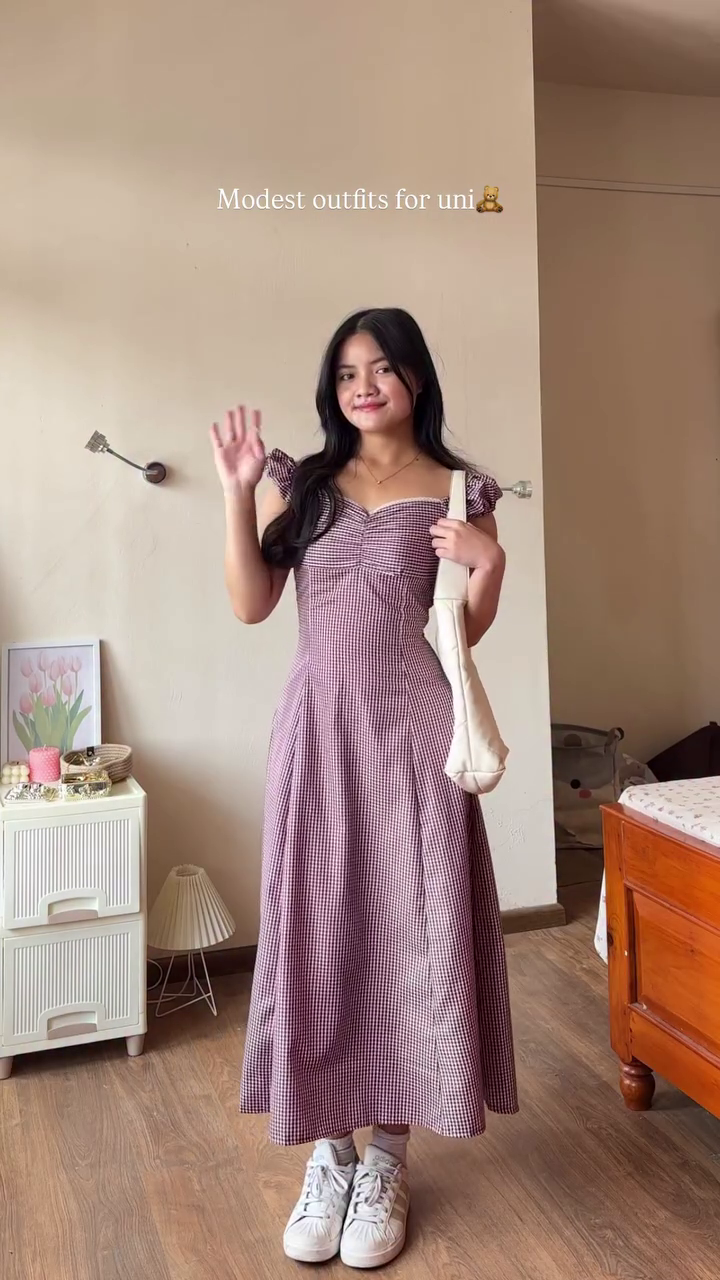 “Gingham Grace Midi Dress 🤎🎀 | Modest Uni Chic”