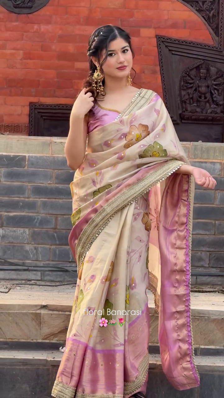 “Rosé Bloom Banarasi Saree 💖 | Elegant Floral Traditional Drape”
