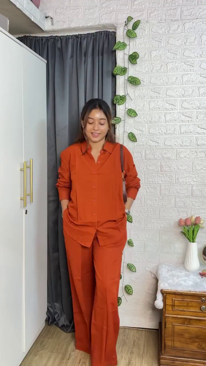 “Rust Chic Relaxed Co-Ord Set 🍂 | Trendy Oversized Shirt & Wide Leg Pants Set for Women”