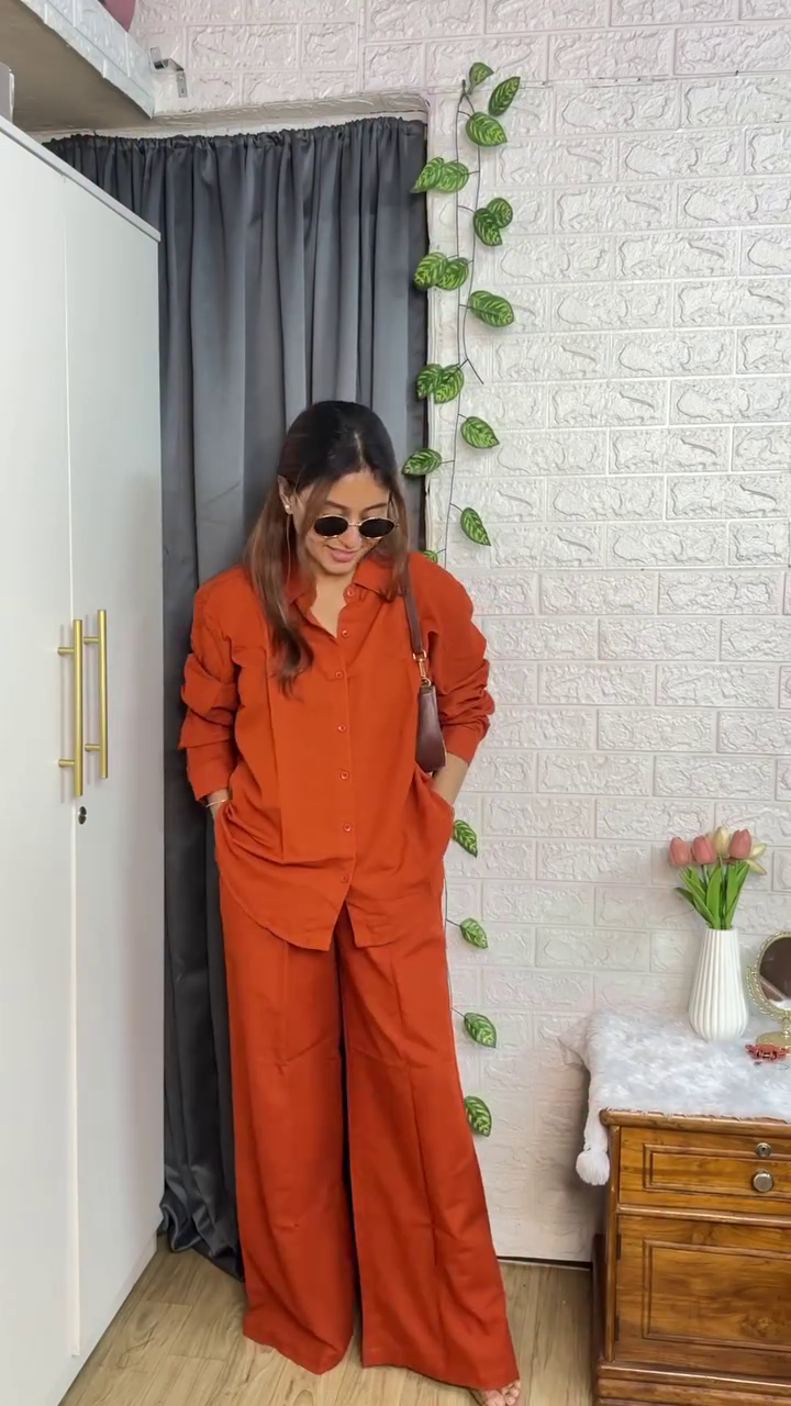 “Rust Chic Relaxed Co-Ord Set 🍂 | Trendy Oversized Shirt & Wide Leg Pants Set for Women”