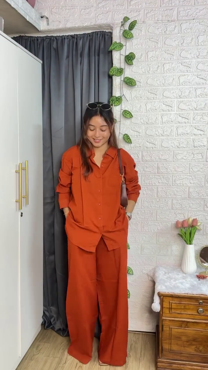 “Rust Chic Relaxed Co-Ord Set 🍂 | Trendy Oversized Shirt & Wide Leg Pants Set for Women”