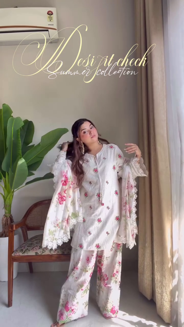 “Rosé Bloom Summer Co-Ord Set 🌷 | Premium Floral Kurta Palazzo with Dupatta”