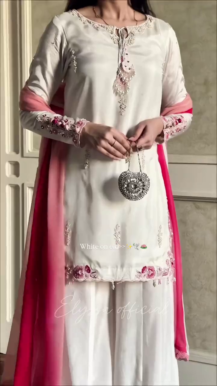 “Noor-e-Gul Luxury Sharara Set ✨ | Elegant White & Pink Embroidered Party Wear Suit”