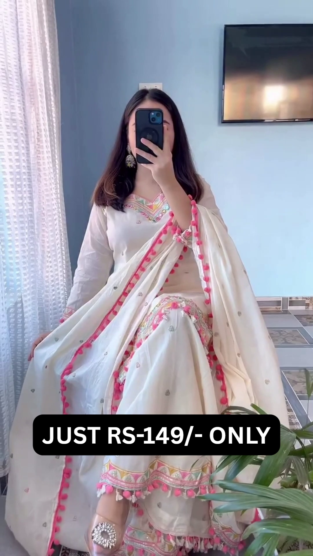 “Noorani Grace White Suit Set 🌷 | Elegant Embroidered Pakistani Style Dress with Pom Pom Dupatta”