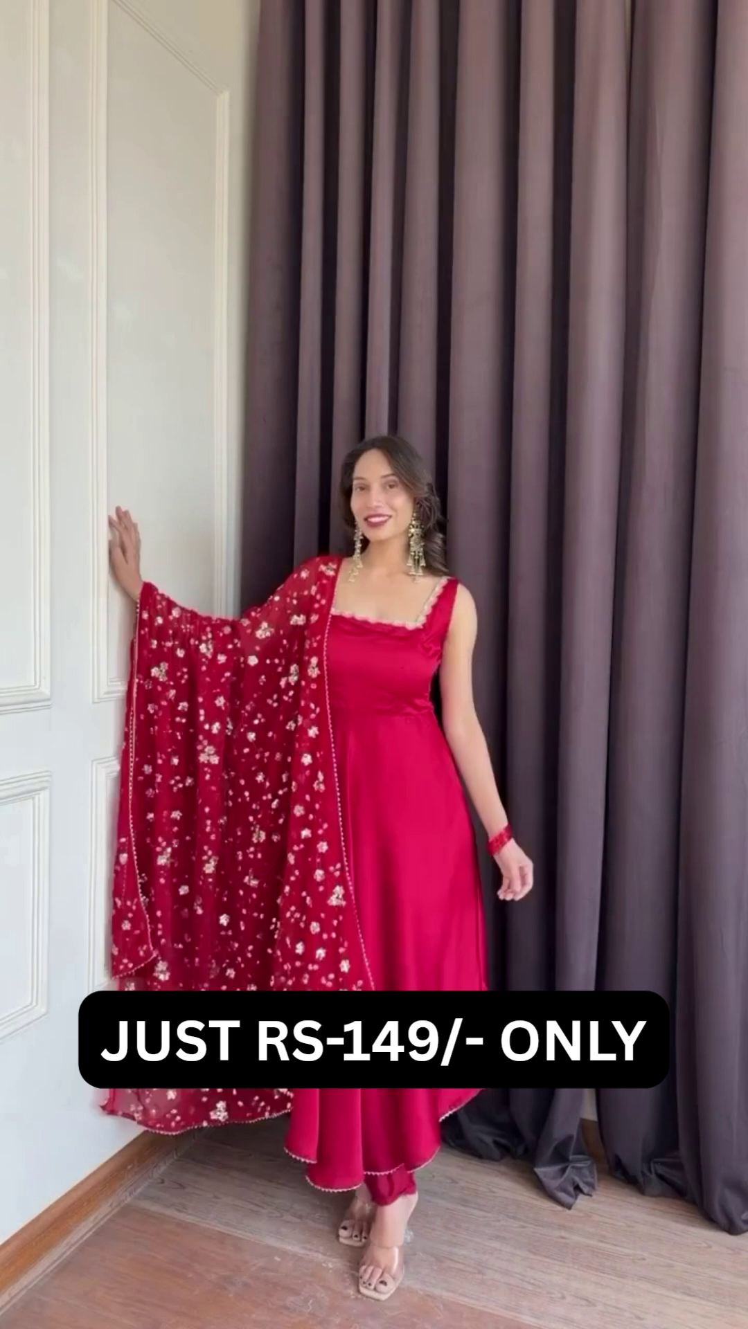 “Ruby Rose Glamour Dress Set 🌹 | Elegant Red Party Wear 3 Piece Outfit”