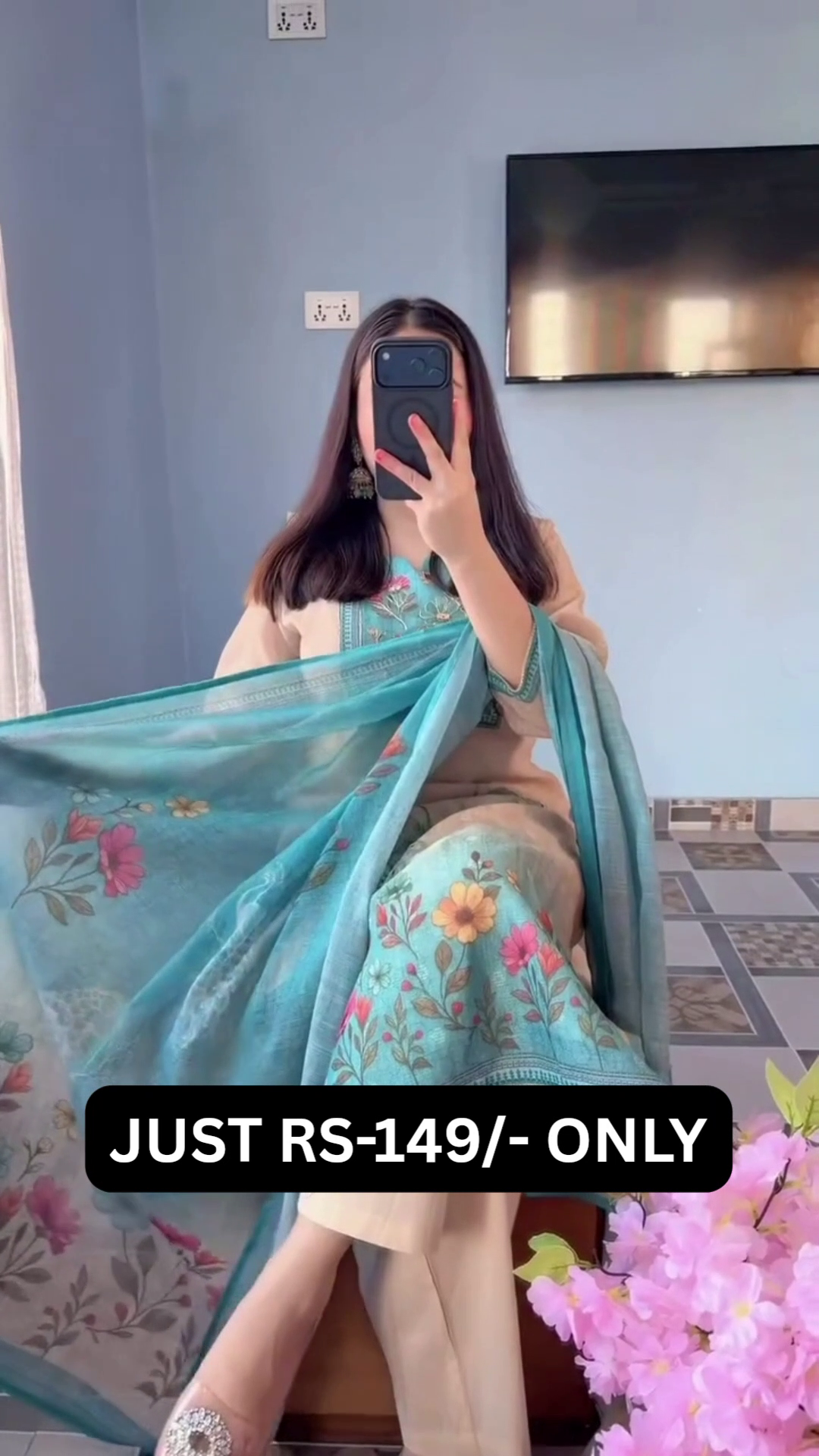 “Aqua Bloom Floral Suit Set 🌸🩵 | Elegant Pastel Ethnic Wear”
