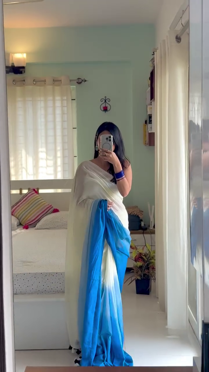 🤍💙 Graceful White & Blue Ombre Saree ✨🌊
