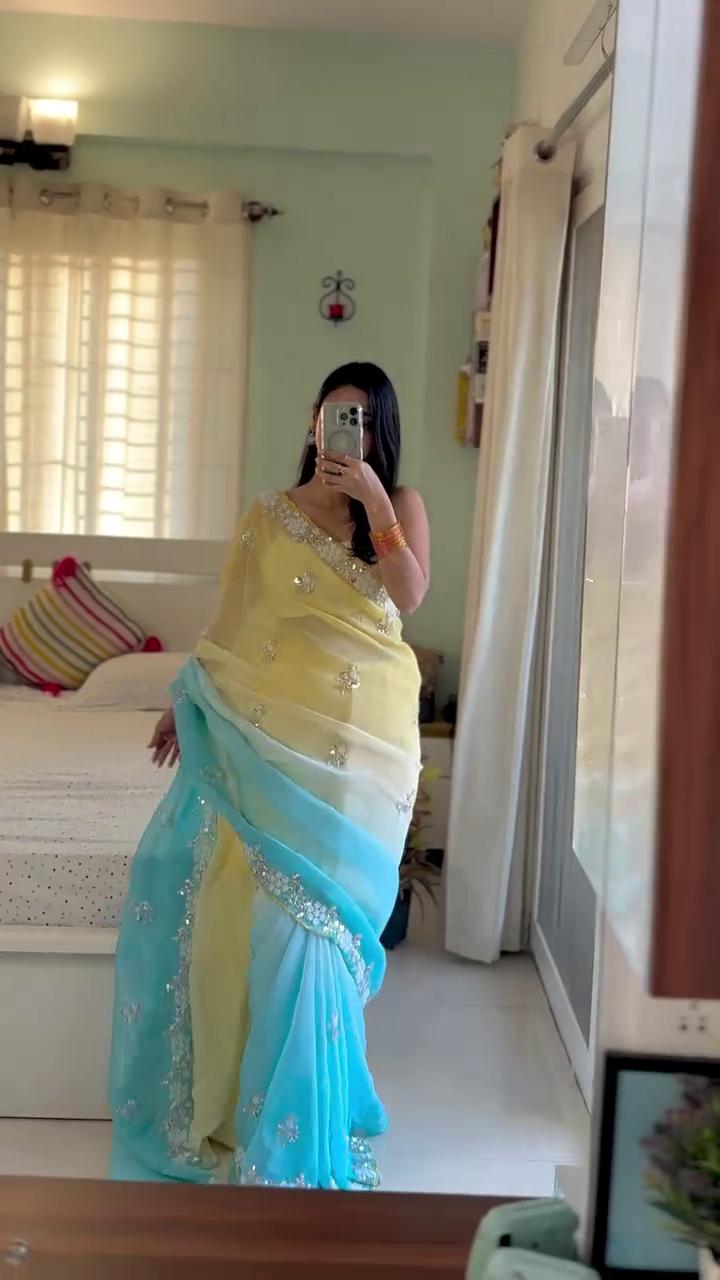 💛🩵 Dreamy Pastel Ombre Saree ✨🌸