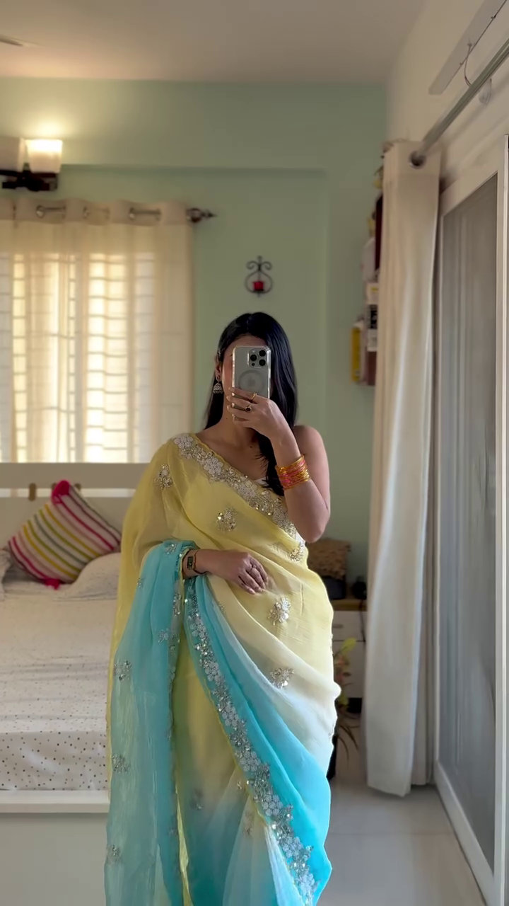 💛🩵 Dreamy Pastel Ombre Saree ✨🌸