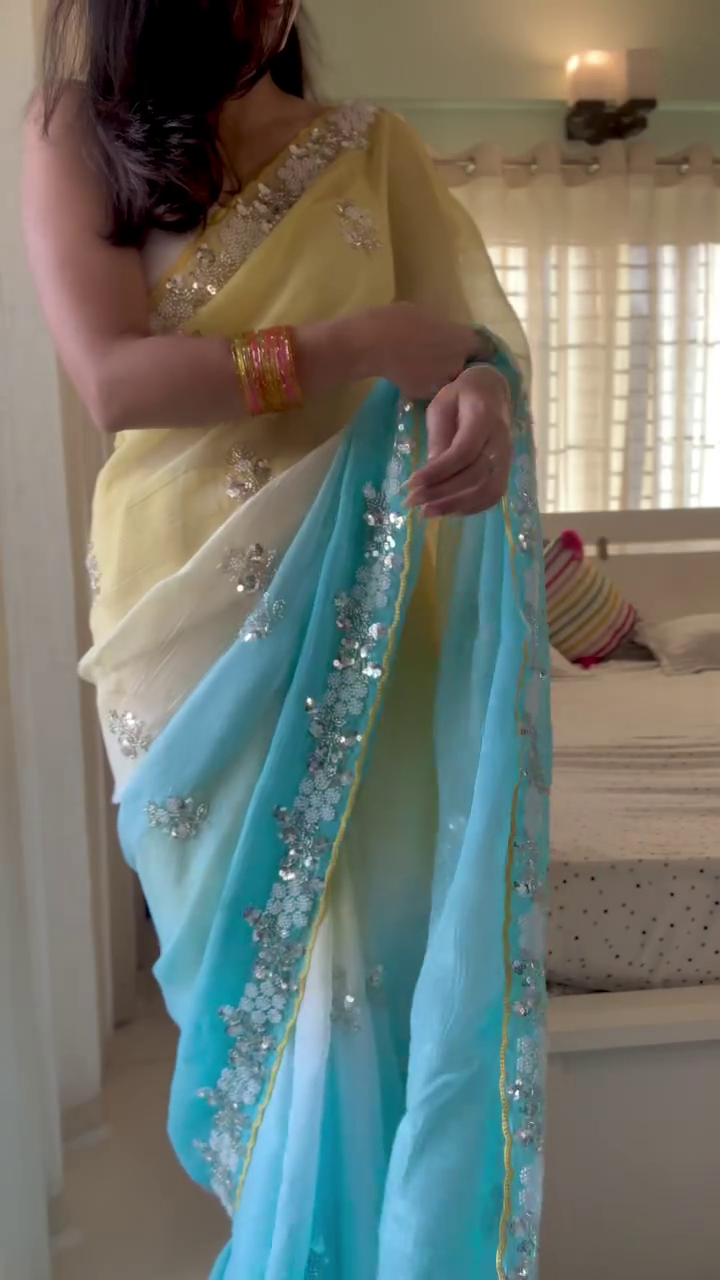 💛🩵 Dreamy Pastel Ombre Saree ✨🌸
