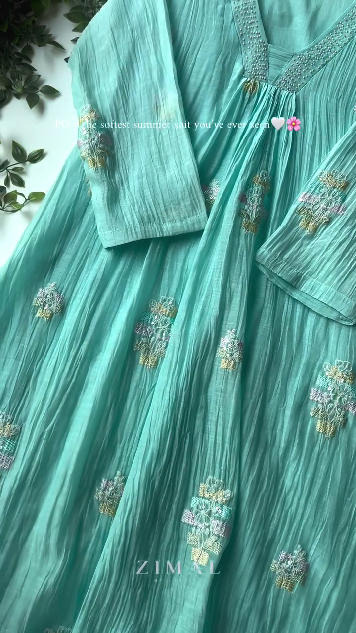 Sea Mist Luxe Embroidered Summer Kurti 🌿 | Premium Crinkle Texture Dress | Elegant Mint Green Collection