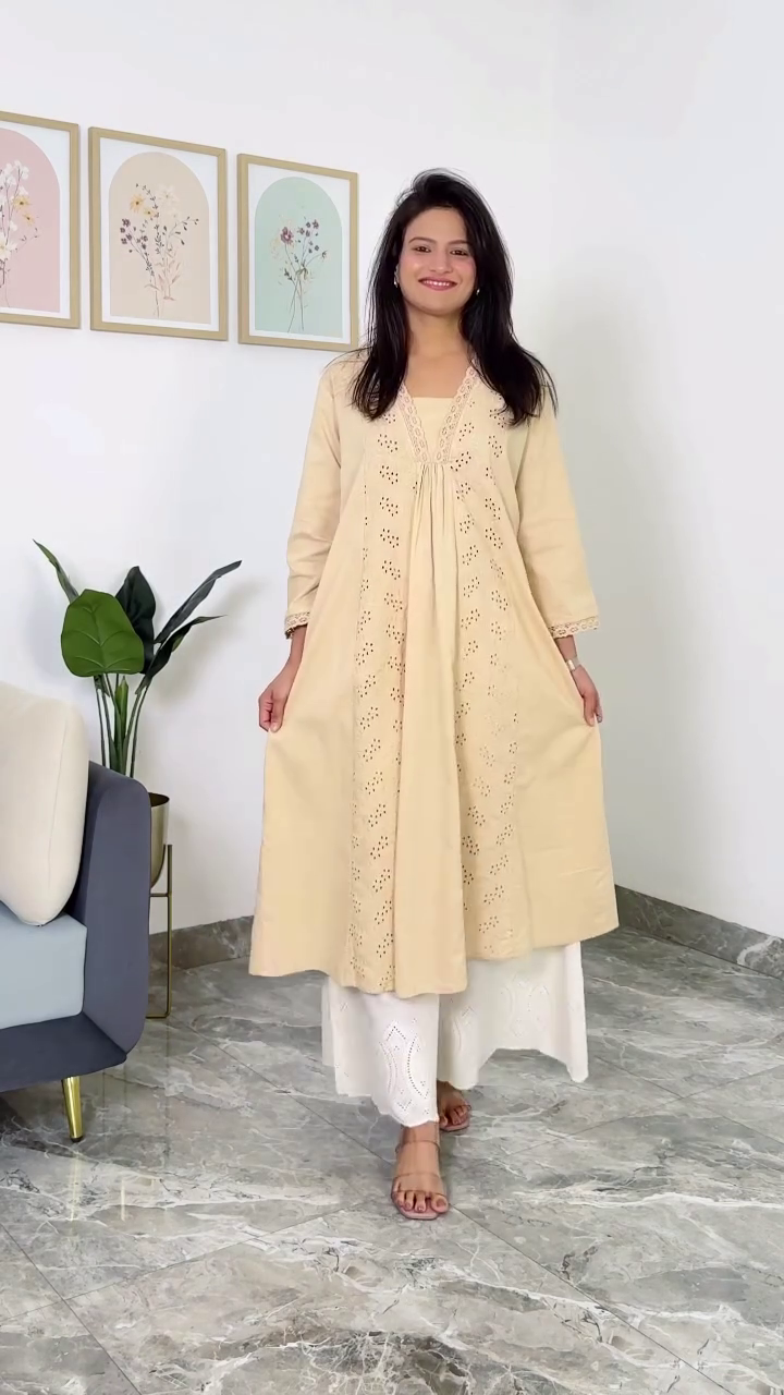 Ivory Bloom A-Line Embroidered Kurti Set 🤍 | Premium Cotton Elegance | Chic Everyday & Festive Wear Collection