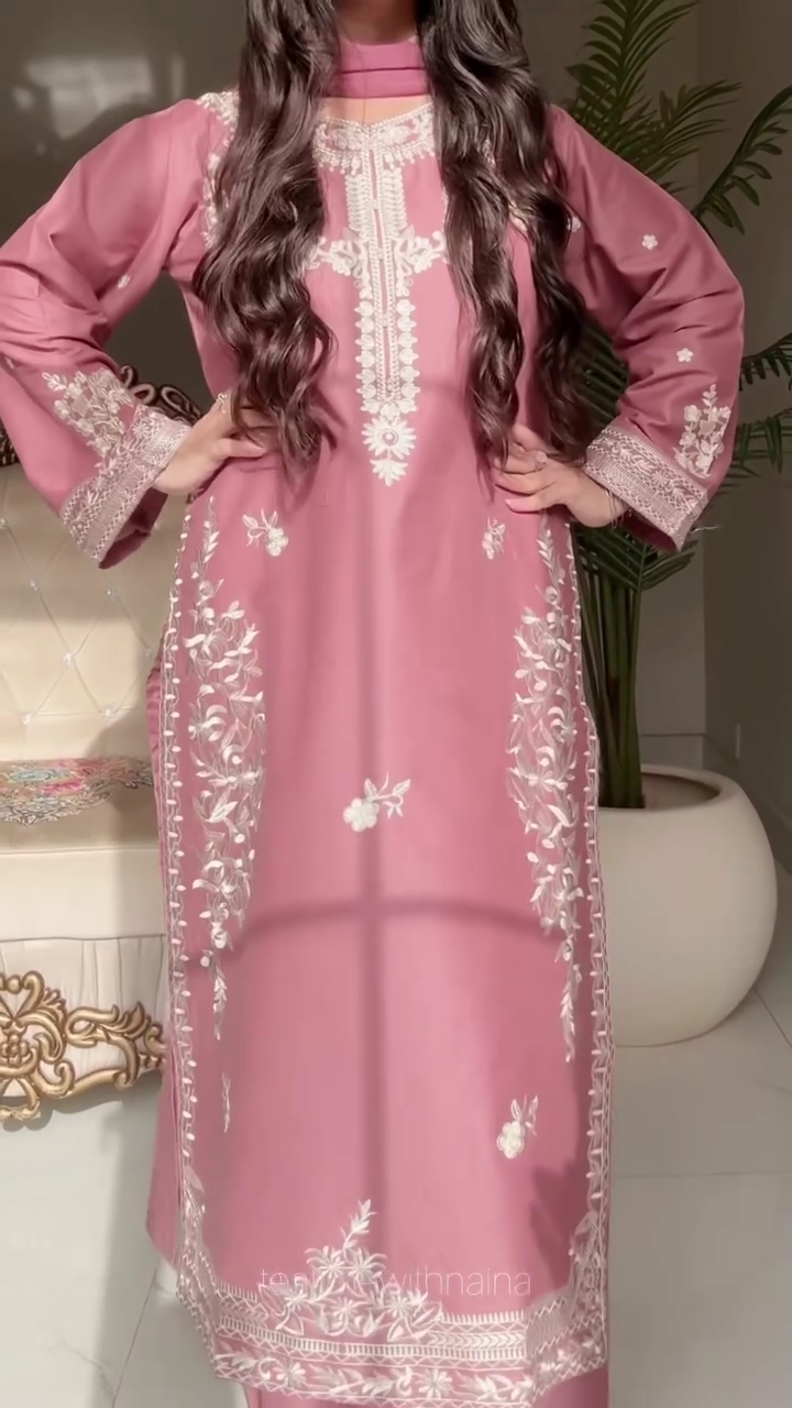 Rosé Royale Luxury Embroidered 3-Piece Suit Set ✨ | Premium Pink Ethnic Wear with Elegant White Embroidery | Festive & Party Collection