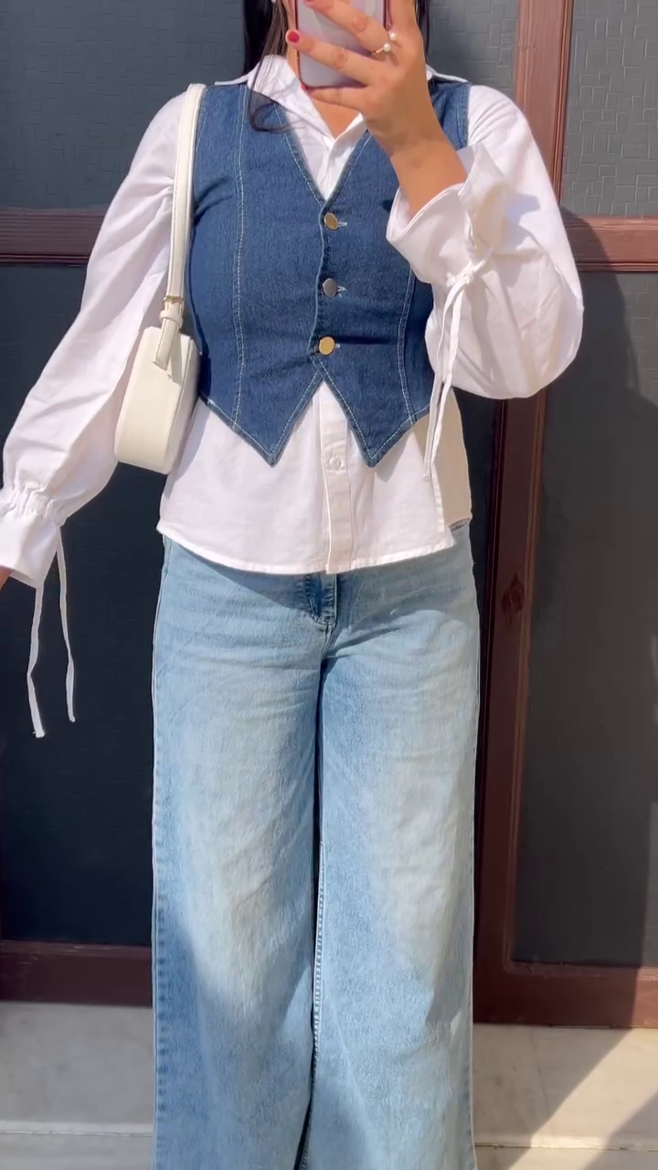 Urban Chic Denim Corset Layered Shirt Top 👖🤍 | Trendy Korean-Inspired Casual Blouse | Everyday Street Style Collection