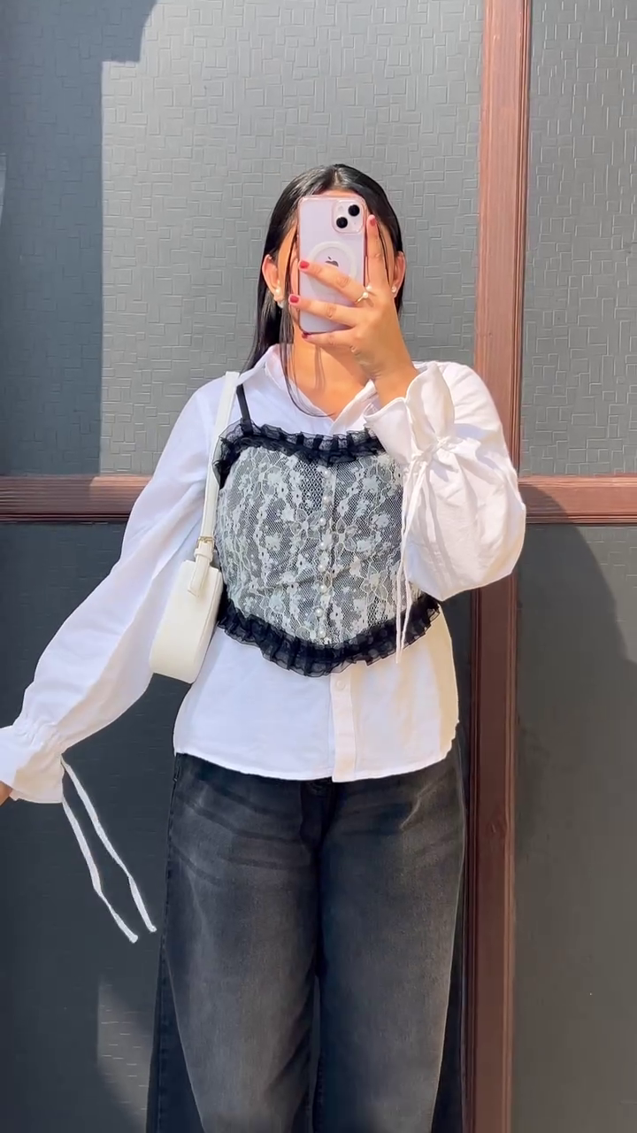 Urban Chic Denim Corset Layered Shirt Top 👖🤍 | Trendy Korean-Inspired Casual Blouse | Everyday Street Style Collection