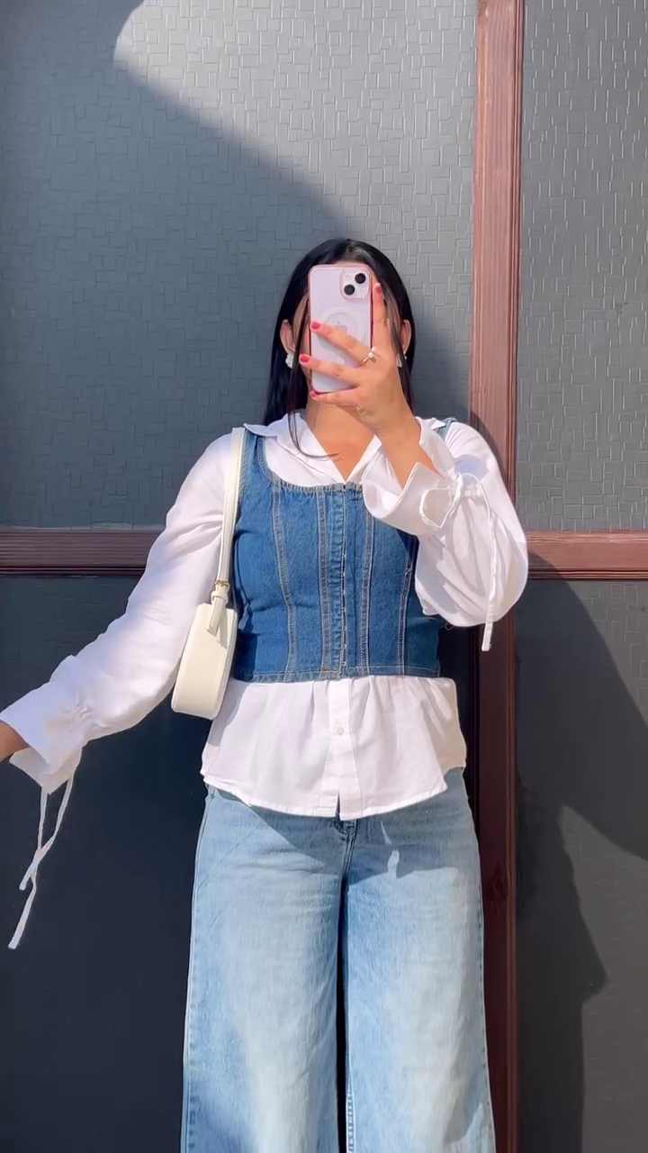 Urban Chic Denim Corset Layered Shirt Top 👖🤍 | Trendy Korean-Inspired Casual Blouse | Everyday Street Style Collection