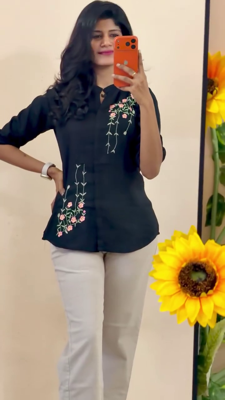 Midnight Blossom Embroidered Casual Shirt 🌿🖤 | Elegant Floral Embroidery Top for Everyday Chic Style