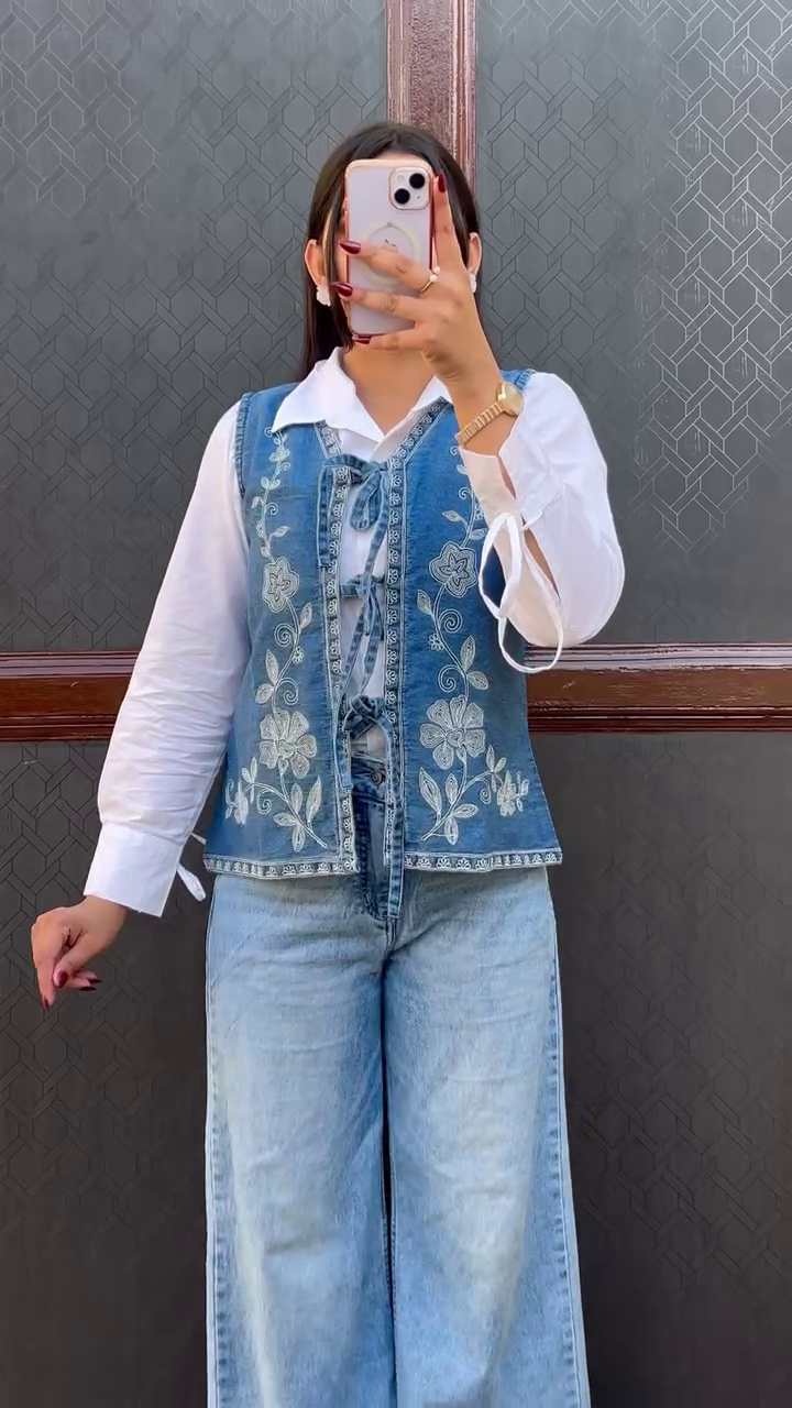 Vintage Bloom Embroidered Denim Waistcoat 🌿👖 | Korean-Inspired Layered Denim Vest for Effortless Street Style